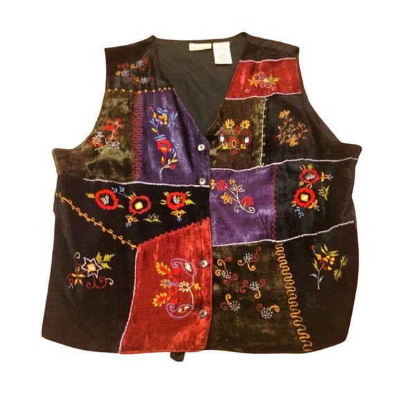 Vtg Floral Velvet Patchwork Vest Black Whimsigoth Fairy Grunge Embroidered L - Picture 1 of 6